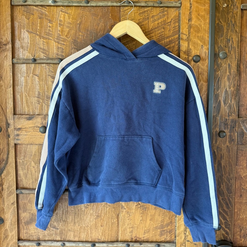 PINK Victoria's Secret Hoodie Womens XS Blue Stripe Cropped Pullover Fleece Logo